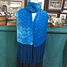 Gucci Blue Velvet GG Logo Scarf with Fringe