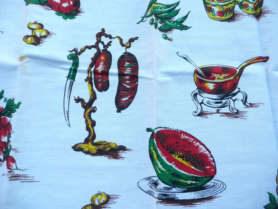 torchon ancien vintage en coton  à décors d'éléments de cuisine - Photo 3/4