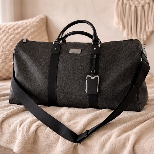 Michael Kors Black Logo Leather Duffel Bag 19-22in Detachable Strap Pockets