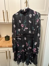 Donna Morgan 6 Floral Chiffon Ruffle Long Sleeve Short Dress Black Pink White