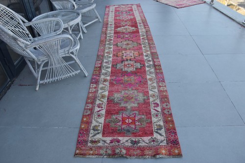 Vintage Runner Rug 2,7x12,8 ft, Turkish Herki Red Oriental Wool Rug