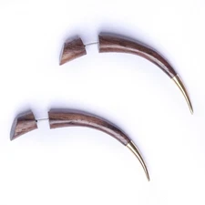 81stgeneration Fake Ear Stretcher Earrings Wood Long Spike Gold Brass Tips