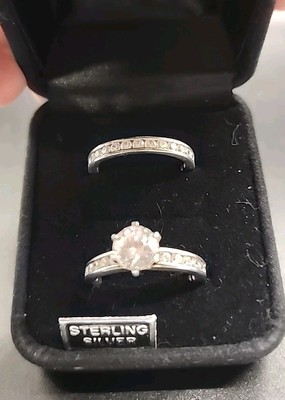 QVC Diamonique DQCZ Eternity Wedding band & Engagement Silver Ring set Size 9