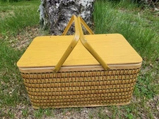 Vintage Burlington Woven Wicker Wood Picnic Basket Flip Lid Handles MCM 70s