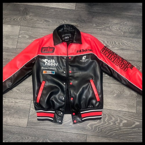 Mens Zara Black And Red Faux Leather Racer/biker Jacket