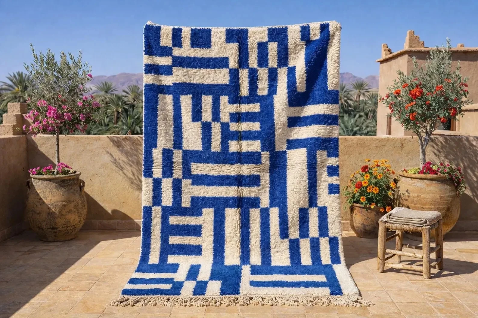 Blue Moroccan Wool Rug, Beni Ourain Geometric Rug, Handmade Abstract Shag Area R
Opens in a new wind