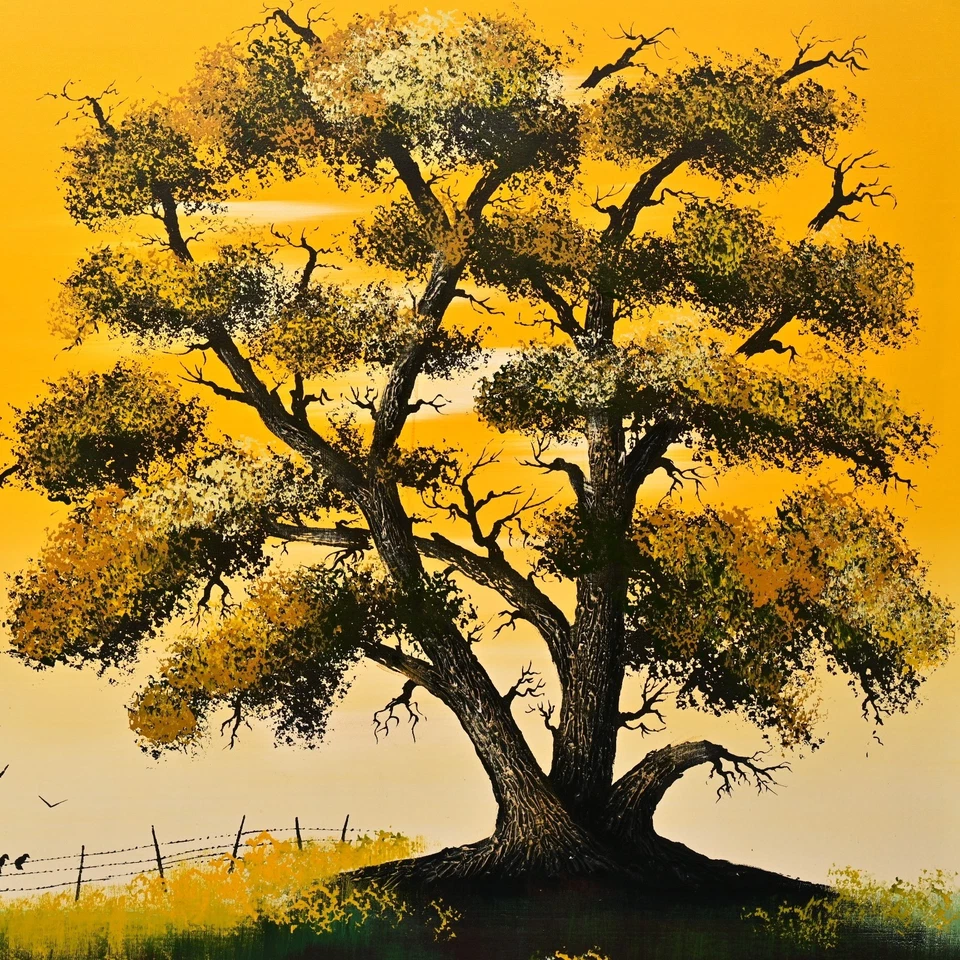 JANE RILES 原版复古签名 MCM 花卉树山风景油画 — 第 3/4 张图片