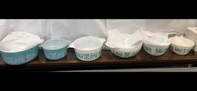 Vintage Pyrex Amish Butterprint Turquoise Cinderella Set of 6 MINT NEVER USED