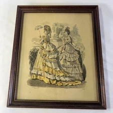Vintage Antique La Mode Illustree Paris Framed Colored Print Victorian Women