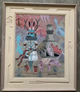 VTG Large Kachina Sand Art Painting Navajo Keith Silversmith Signed 24x28”