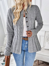 Women's Long Sleeve Button Front Knit Cardigan Sweater Pleated Hem Casual Jacket