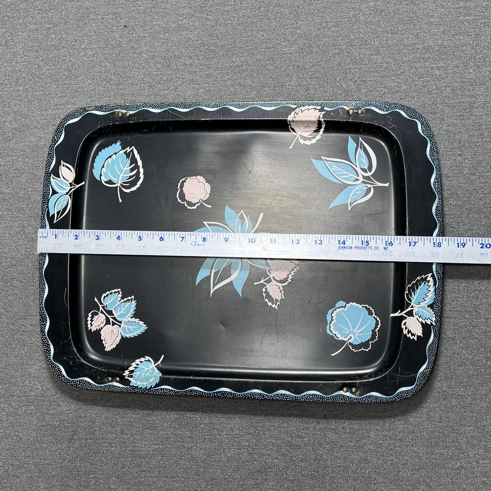 Vintage Metal Folding TV Trays Set of 4 Black Blue Leaf Floral MCM Snack Tables - Image 2 of 4
