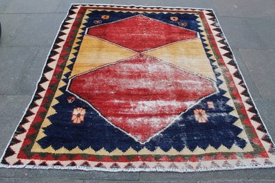 Vintage Getragen Handgeknüpft Traditionell Orientteppich Wolle Rot Blau Gelb 188x158cm