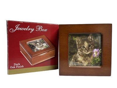 Vintage Jewelry Box Glass Photo Frame Lid Dark Oak Ivory Lining 1990s Small 4.5 