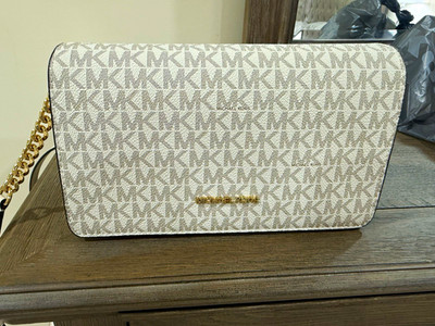 Michael Kors Signature Logo Crossbody, White/Beige, Gold-Tone, Magnetic