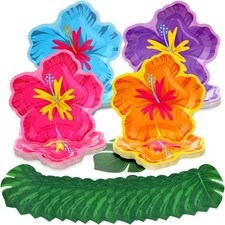 200 Pcs 9.05" Hibiscus Floral Paper Plates Bulk and Artificial Palm Leaves Lu...