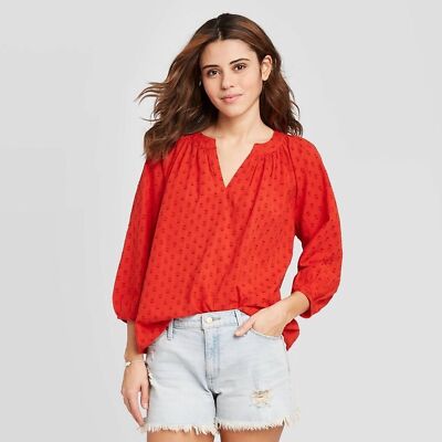 NWT Universal Thread Red Textured Cotton Popover Blouse, Size XS