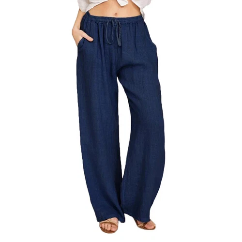 Women's Summer Drawstring Waist Wide Leg Loose Cotton Linen Palazzo Comfy Pants - Bild 32 von 43