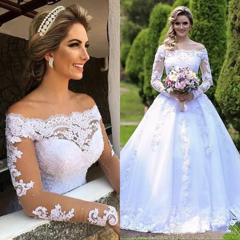Royal Off Shoulder Long Sleeves Lace Beaded White Wedding Dress Bridal Gown  2023