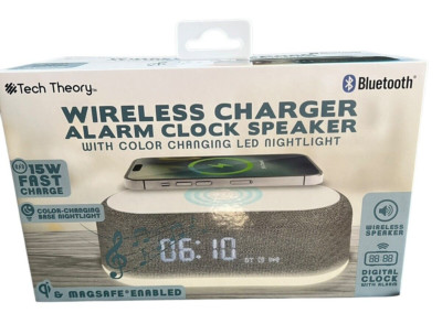 BNIB Tech Theory Wireless Charger Alarm Clock Clock Speaker w/ LED Night Light
