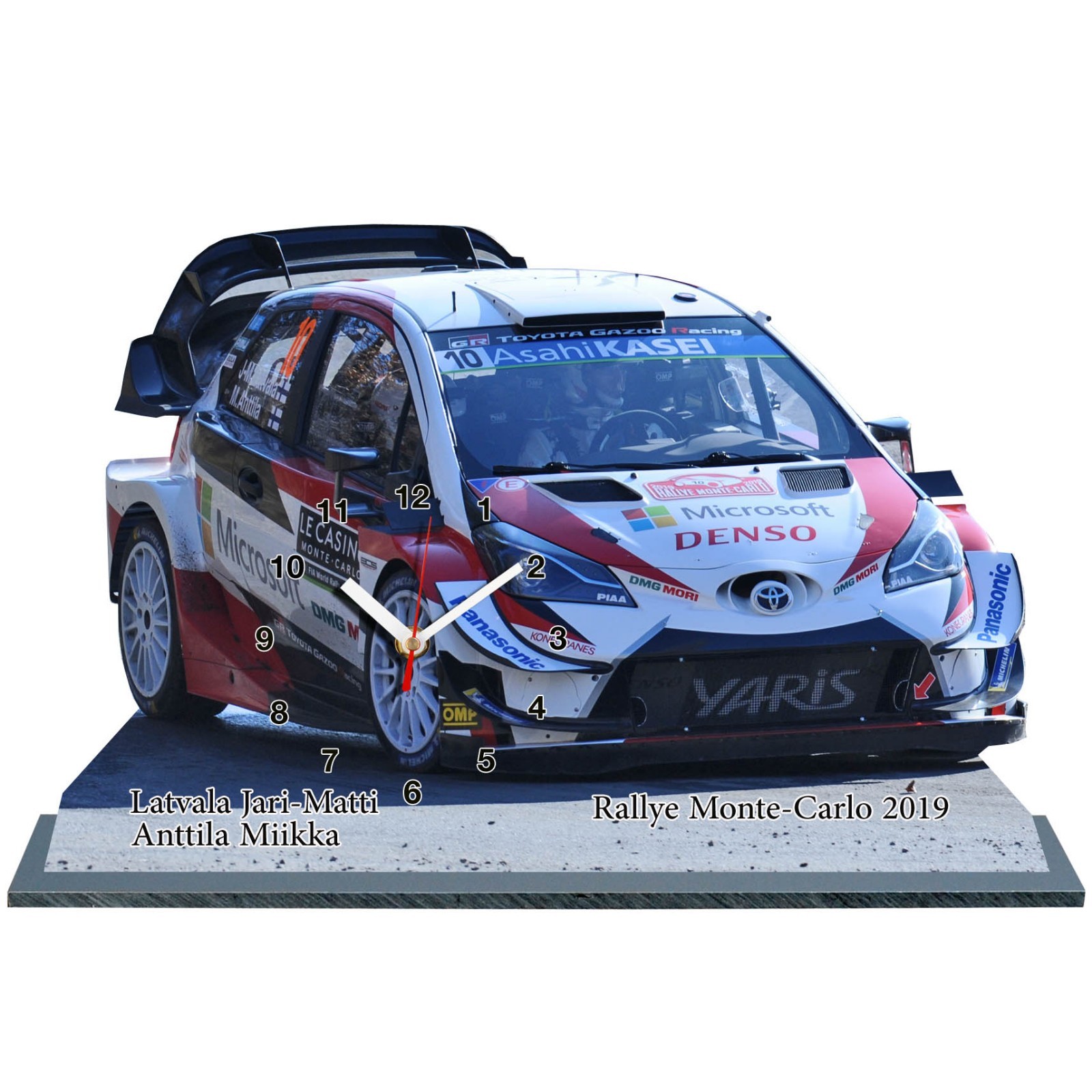 Horloge miniature Toyota Yaris WRC Rallye Monte Carlo 2019 Latvala en aluminium 20cm
