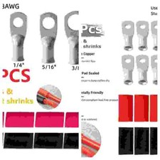 8AWG 10-1/2" Stud Tinned Copper Lugs Red Black 3:1 Heat Shrink Ring Terminals