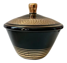 Vintage Art Deco Black Glass Covered Dish With Gold Encrastation