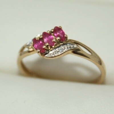 100% Genuine 9k Solid Yellow Gold 0.3CT Pink Ruby & Diamonds Ring Size US 7 N1/2
