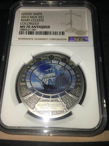 2013  Niue $1  Ghost Ships; Mary Celeste  NGC Graded**MS-70 Coloured, Antiqued