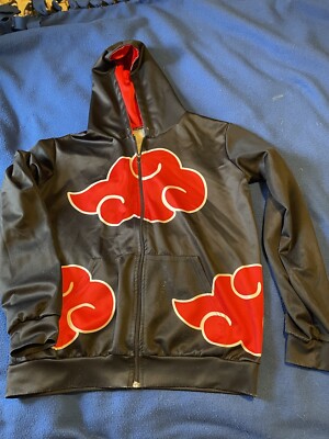 Naruto Akatsuki Anime Zipper Hoodie Mens Med Front Pocket Black w/Red Cloud 
