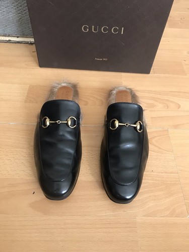 Gucci Princetown Black Leather Mens Slipper Horsebit Loafers Fur Shoe Uk 8 - Picture 2 of 13