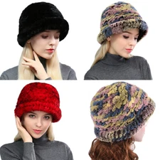 Winter Fur Top Hat For Women Real Rex Rabbit Fur Earmuffs Bucket Cap Fluffy Soft