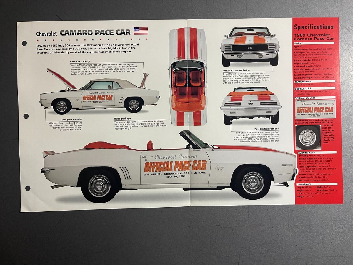 1969 Chevrolet Camaro Pace Car IMP Hot Cars Spec Sheet Folder