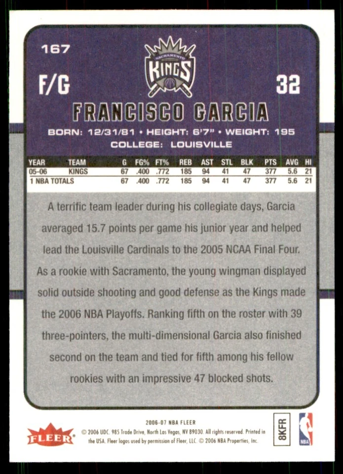2006-07 Fleer Francisco Garcia Sacramento Kings #167 - Image 2 of 2