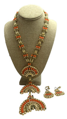 Vtg Necklace Native American Inspired Safety Pin Squash Blossom Orange Gold Bead