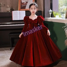 Girls Luxury Evening Long Red Party Dress Prom Clothes Velvet Kid Flower Costume