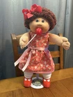 1980s Cabbage Patch Kid Brunette Brown Eyes Strawberry Dress Red Lollipop