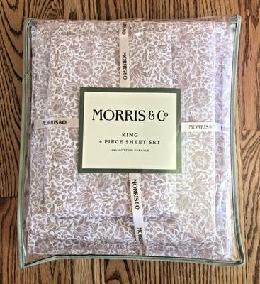 Morris & Co. KING Sheet SET 4pc Clay & White Floral Cotton Percale New!