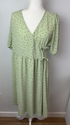 MONKI Women Wrap Dresses V Neck Green Floral Short Sleeve Sz Small