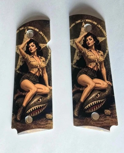 1911 Full Size White ABS Grips WWII Pinup Girl Shark Bomb Olive Drab UV Printed