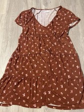 Aeropostale Brown Pink Floral Ruffle Tiered V-Neck Mini Dress Women M