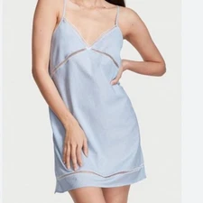 VICTORIA'S SECRET Soft Cotton Chemise Slip Dress Babydoll Sleep Blue Chambray