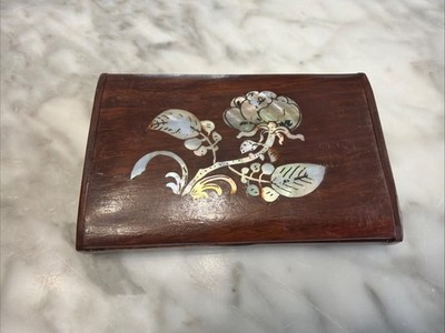 Mother of Pearl Shell Inlay & Wood Desk Office Business Card Case Fold-up