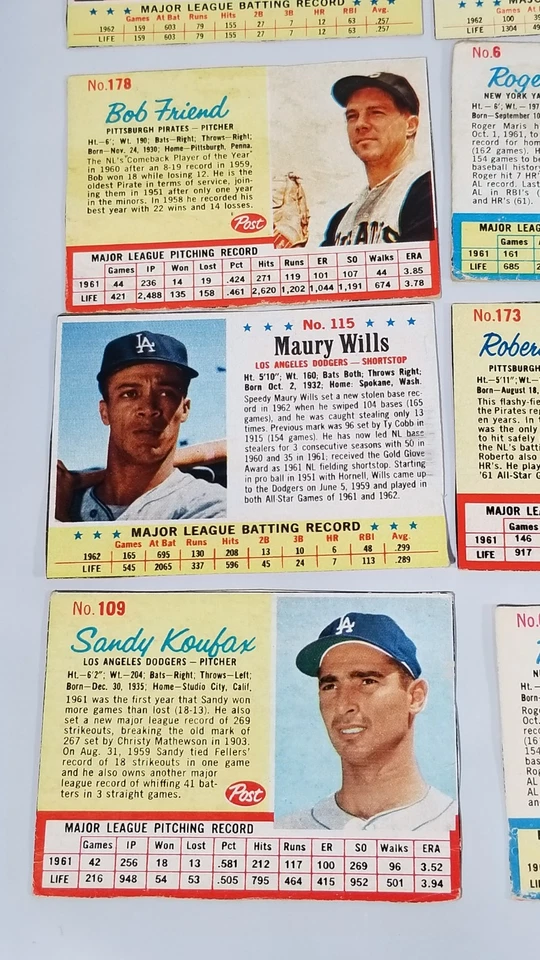 1962 1963 post хлопья бейсбольная карточка лот Роберто Клементе Сэнди Куфакс Эл Калин - Изображение 3 из 4