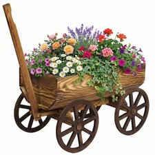 Rustic Wooden Wagon Planter Rolling Flower Cart w/ Adjustable Handle for Garden