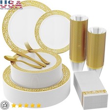 210 Count Gold Plastic Dinnerware, Gold Disposable Plates Silverware Set