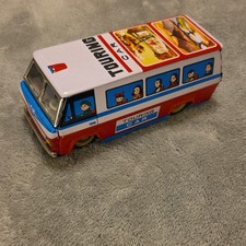 Vintage Tin Touring Car Bus Toy Red Blue Lithographed Passengers MF 134 558
