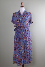 TALBOTS $129 Blue Crepe Paisley Floral Bow Belted Midi Shirt Dress Size10