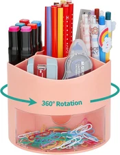 LETURE 360-Degree Rotating Pen Pencil Holder, Desk Organizer Office PINK 