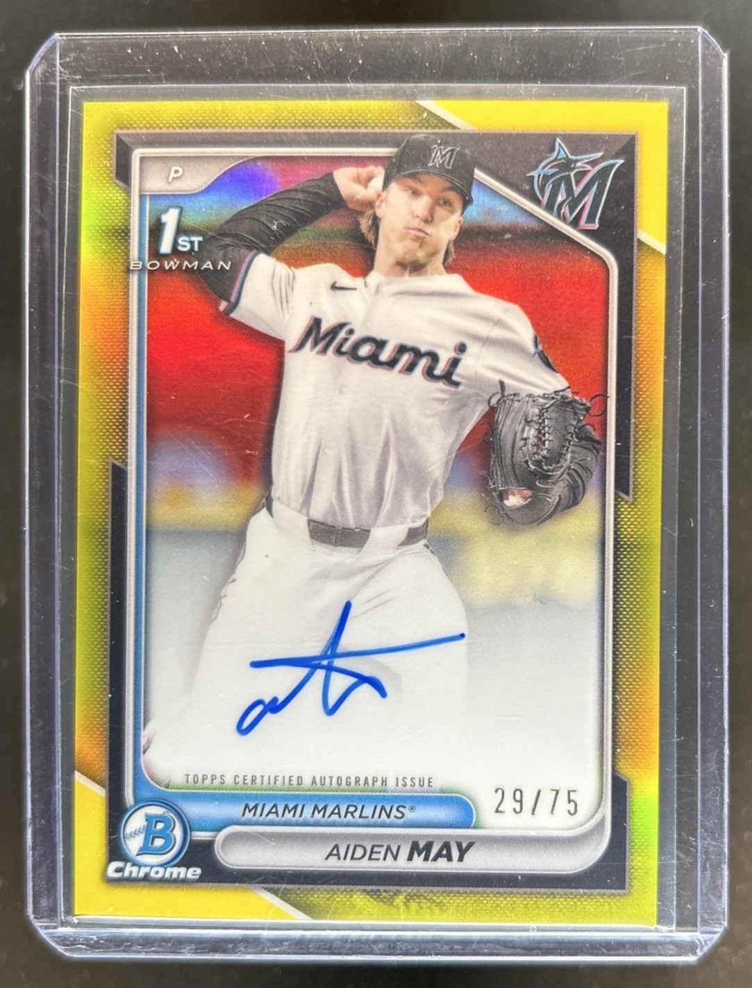 2024 Bowman Draft Aiden May Chrome Auto Yellow Refractor 1st #/75 Marlins
